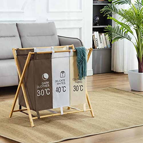 Large Laundry Hamper Sorter 3 Section, 145L Waterproof Laundry Hamper Basket With 3 Compartments, Triple Divided Laundry Organizer With Sturdy Bamboo Frame For Dirty Clothes In Home, Brown #TOP4