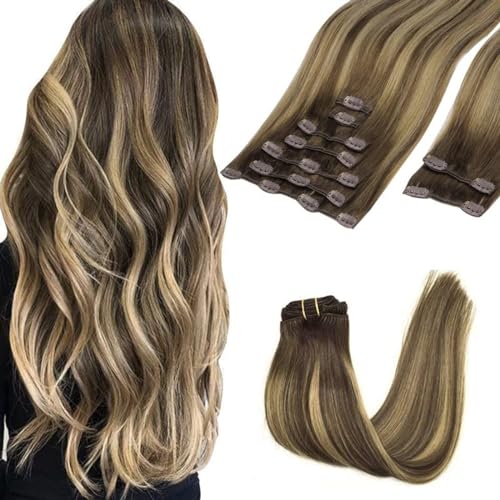 Image of GOO GOO Clip in Hair Extensions Real Human Hair, Remy Human Hair Extensions Clip ins for Women, Natural Human Hair, 14inch 150g 9Pcs, 4 /27 /4 Balayage Chocolate Brown to Caramel Blonde
