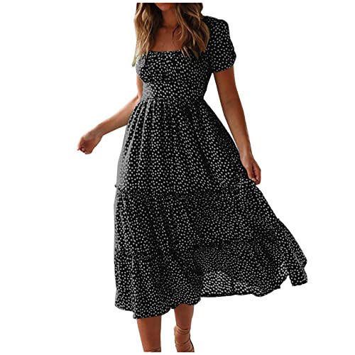 Akklian Women's Summer Short Sleeve Round Neck Casual Maxi Dress Flowy High Waist Beach Dress Fashion Vacation Loose Sundress