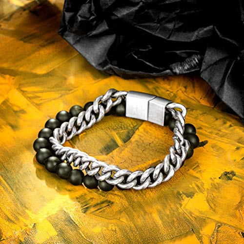 murtoo Mens Bead Leather Bracelet, Blue and Brown Bead and Leather Bracelet for Men (black-silver) - Thumbnail 5