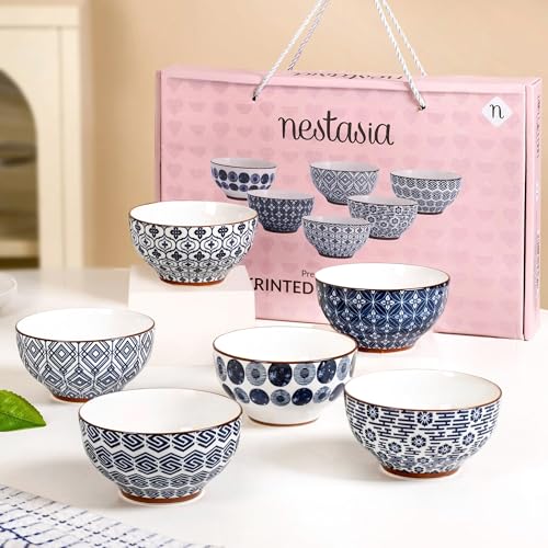 Image of Nestasia Ceramic Snack Bowls Set of 6 (350 ml Each) | Geometric & Floral Pattern Bowls for Serving Noodles, Ramen, or Soups | Microwave & Dishwasher Safe - Perfect for Gifting (Blue & White)