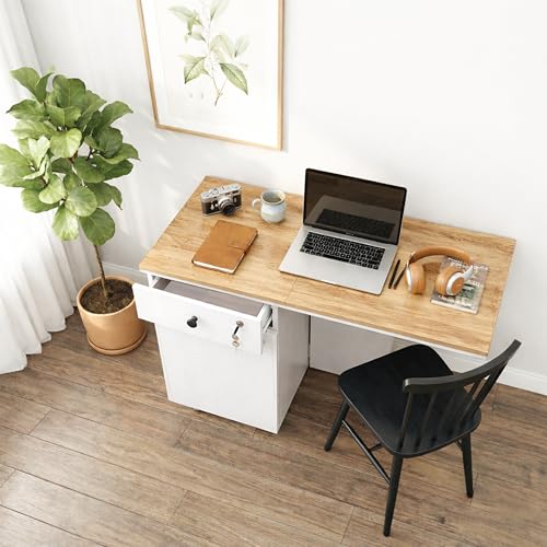 Image of Klaxon Foldable Study Table with Drawer & Storage Shelf | Compact Desk for Home & Students | Folding Design with Lockable Wheels. (Black, DIY Installation) (White, Kora)