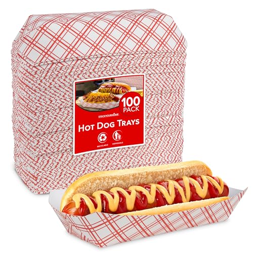 Stock Your Home Checkered Food Boats 100 Pack Retro Red & White Grease Resistant Recyclable Disposable Paperboard Trays