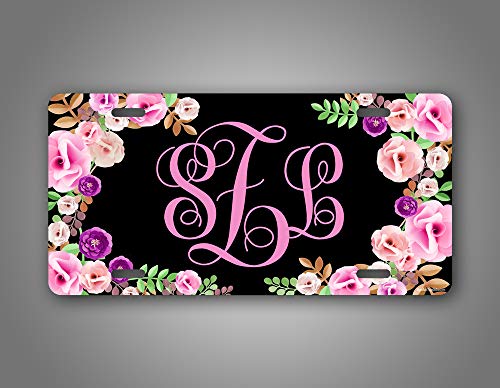Signsandtagsonline Black Floral Front Monogram License Plate Personalized Women's Monogrammed Auto Tag Sign #TOP2