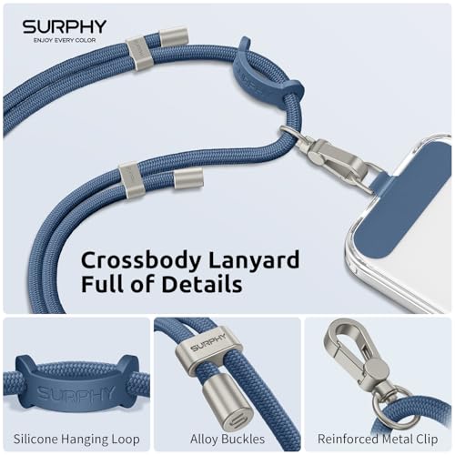 Image of SURPHY Phone Lanyard Crossbody, Phone Strap Crossbody with 2 Tether Tabs | Adjustable Cell Phone Lanyard, Anti Theft Phone Strap, Premium Metal Buckles, Universal Lanyard for Travel, Denim Blue