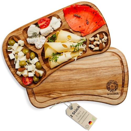 WDOMA Frühstücksbrettchen holz aus Eiche 2er Set - Servierbrett Holz - Snackteller mit Fächern - Vesperbrett Holz - Holzplatte Servierplatte Frühstück Abendbrot - Servierteller Jausenbrett
