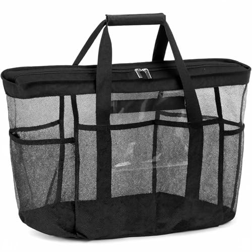 Lifewit Mesh Tote Bags for Women, Extra Large Mesh Tote Bags with Zipper and Pockets, Lightweight Shower Caddy, Beach Essentials for Family, Pool Bag Basket for Women Vacation, Swimmers Black