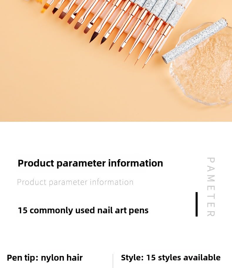 15pc Professional Nail Art Brush Set with Diamond Rhinestone Handles - Gel Polish, Liner, Detailing Brushes for Salon & DIY Nail Design