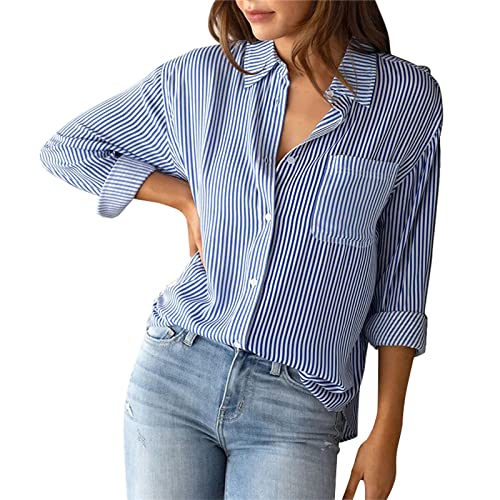 Blusa feminina listrada cardigã casual solta manga longa blusa feminina com botões, Azul, G