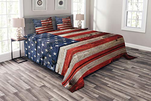 Ambesonne USA Bedspread, Fourth of July Independence Day Weathered Retro Wood Wall Looking Country Emblem, Decorative Quilted 3 Piece Coverlet Set with 2 Pillow Shams, Queen Size, Blue Scarlet