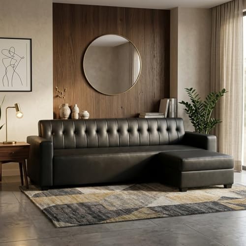 Image of FURNY Luxe 4 Seater L Shape Sofa Set with Movable Ottoman | Flexible Left or Right Layout | Premium Leatherette Upholstery (Black) | Perfect for Living Room, Guest Room & Office