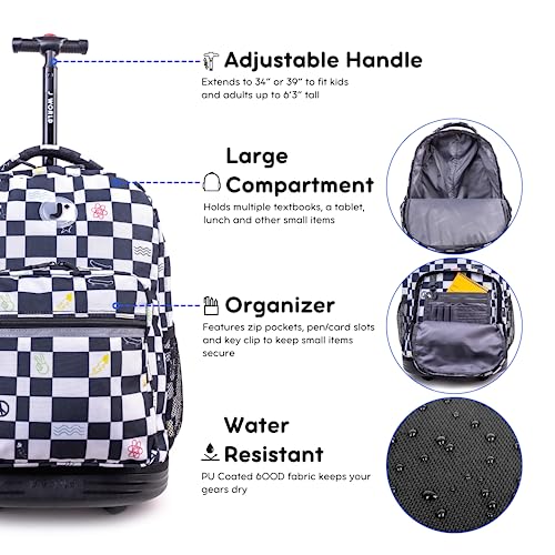 Image of J World Sunrise Kids Rolling Backpack with Wheels for Girls Boys, Roller Bookbag for School, 18 x 13 x 9 Inches, Icon Checkers
