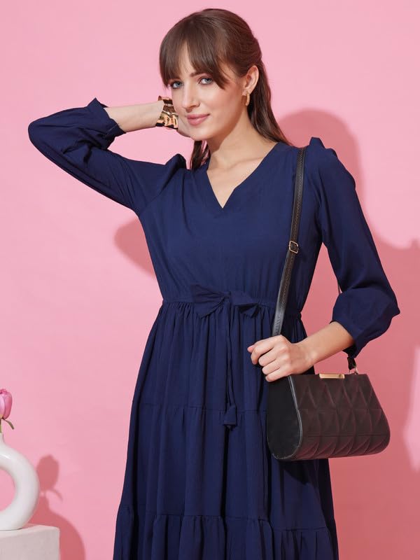Image of Honky Tonky Women's Casual 3 /4 Sleeve Crepe Fit and Flare Dress| Comfortable Relaxed Fit Summer Party Dress