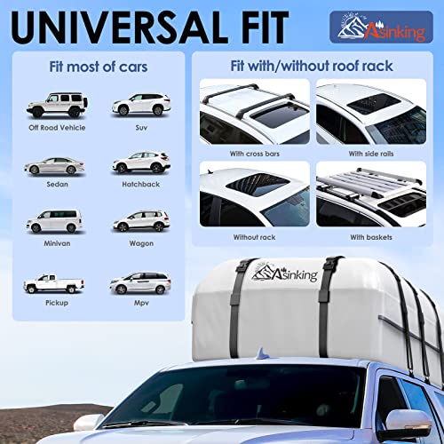 Asinking Car Rooftop Cargo Carrier Bag, Tear/Leak-Resistant 21 Cubic Feet Car Top Carrier For All Vehicles, White Soft-Shell Foldable Roof Luggage Bag With Non-Slip Mat, 6 Door Hooks, Lock #TOP3