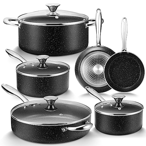 Fadware Pots and Pan Set, Induction Hob Pan Set Non-Stick, Nonstick Granite-Coated Cookware, 10-Piece Frying Pan and Saucepan Set with Lids, Suitable for All Stove Hobs, Black Fadware Pots and Pan Set, Induction Hob Pan Set Non-Stick, Nonstick Granite-Coated Cookware, 10-Piece Frying Pan and Saucepan Set with Lids, Suitable for All Stove Hobs, Black