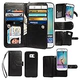 xhorizon Premium Leather Folio Case [Wallet Function] [Magnetic Detachable] Fashion Wristlet Lanyard Hand Strap Purse Multiple Card Slots Cash Compartment Pocket for Samsung Galaxy S6 Edge