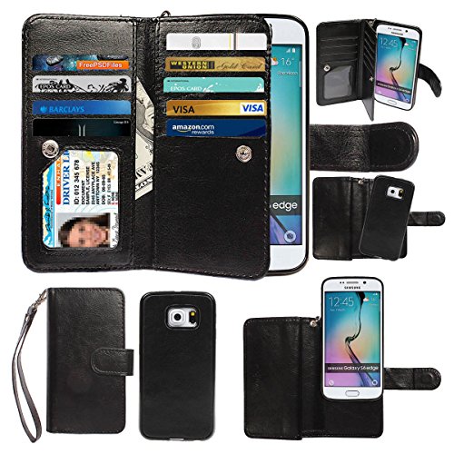 xhorizon Premium Leather Folio Case [Wallet Function] [Magnetic Detachable] Fashion Wristlet Lanyard Hand Strap Purse Multiple Card Slots Cash Compartment Pocket for Samsung Galaxy S6 Edge