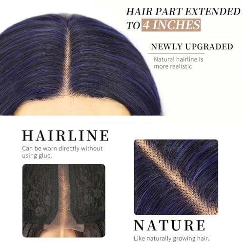 Image of AISI HAIR Dark blue Wigs for Women, Long Wavy Lace Hairline Middle Part Synthetic Heat Resistant Wig for Daily Party-26 Inch