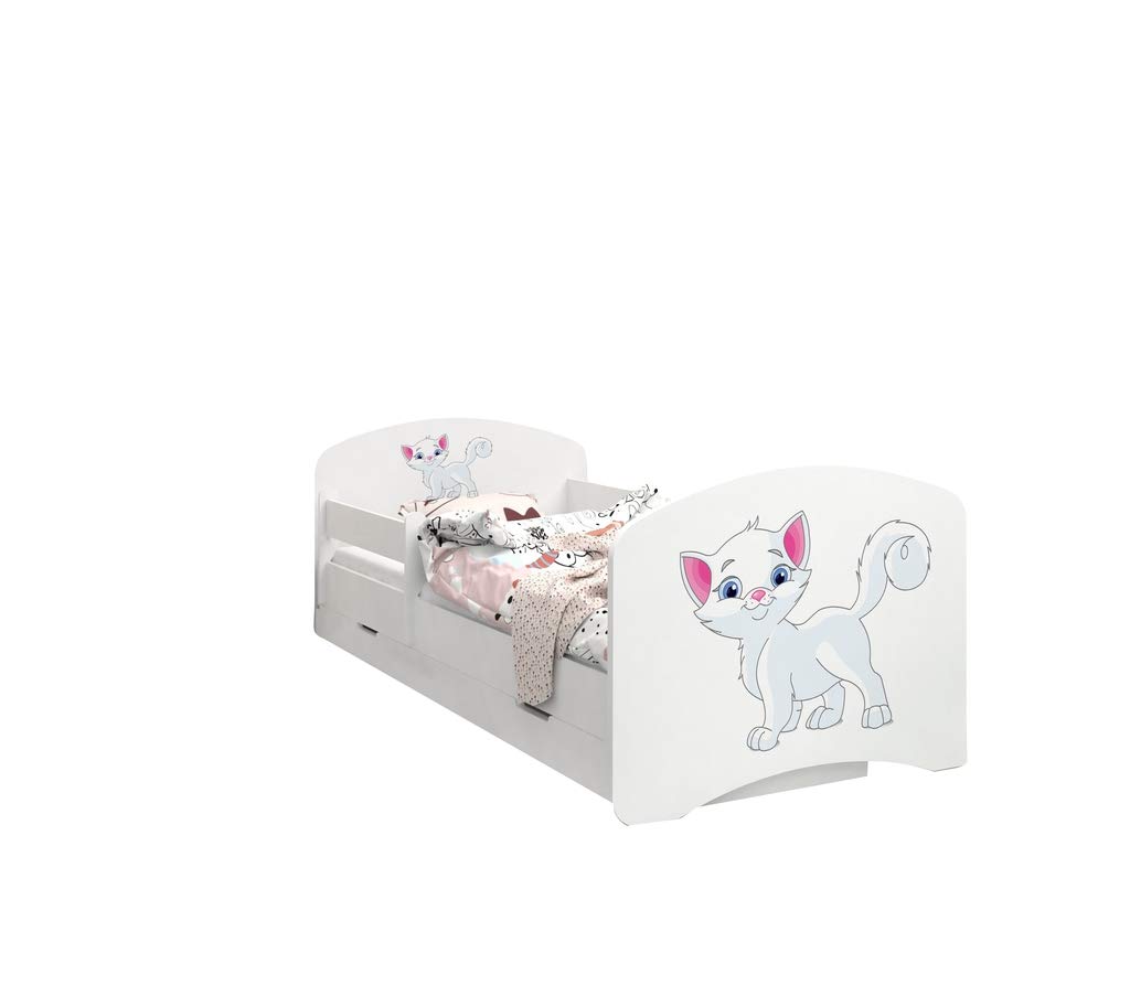 Happy Babies - Dwustronne łóżko dziecięce z szufladą Nowoczesne wzornictwo z bezpiecznymi krawędziami i zabezpieczeniem przed upadkiem materac piankowy 7 cm. (190x90, 12. kotki)