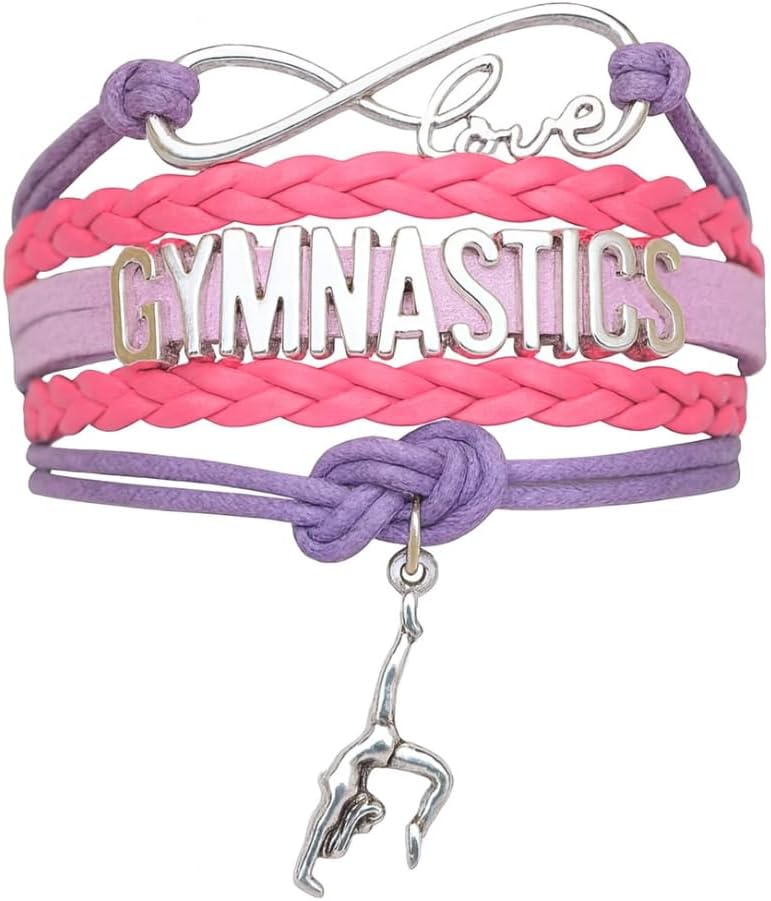 SportyBella Gymnastics Bracelets - Adjustable Charm Bracelet with Infinity Symbol & Silver Gymnastic Charm. Gymnastics Friendship Bracelet Gifts for Gymnasts, Teams & Coaches. (Hot Pink/Purple)