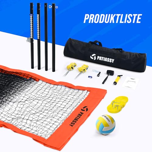 Patiassy Professionelles Volleyballnetz für den Garten Mit Höhenverstellbar Stangen [Anti-Rost Beschichtung], Grenzlinie, PU Volleyball, Pumpe, Seilspanner, Tragetasche 5-Minuten-Montage (9,75m*1m)