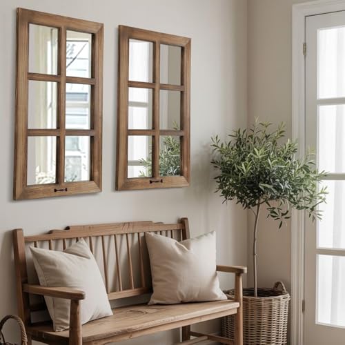 LOSOUR 2 Pack 24x40 Mirrors for Wall Decor, Farmhouse Distressed Wood Windowpane Mirror, Rustic Home Wall Decor Accents for Bedroom Living Room Dining Room, Kitchen, Mantle (2, Brown, 40' L x 24' W)