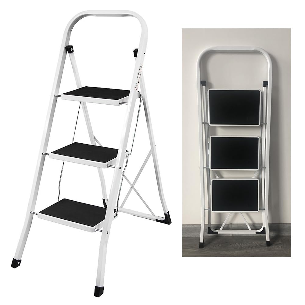 Folding 3 Tread Step Ladder Heavy Duty Steel Safety Stepladder Portable Three Steps Ladder Step Stool with Handrail Support & Non-slip Mat Tread for Kitchen Home Garden Office