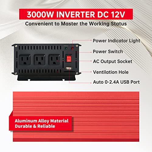 3000W Power Inverter, 12V DC to110V AC Converter with 3 AC Outlets, USB Port, Dual Smart Fans, Cables Included, for RV, Truck, Outdoor, Emergency