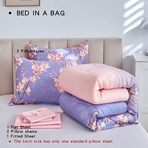 Aikasy Pink And Light Purple Queen Comforter Set With Sheets,Bed In A Bag 7-Pieces,Branches And Flowers Printing Design,Ultra Soft Down Alternative All Season Bedding Set(Queen,Blossom Stem) #TOP7