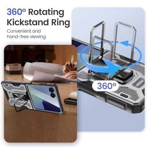 Image of VEGO for Z Flip 7 Case Built-in Screen Protector & Rotating Ring Kickstand | Hinge Protection [Anti-Scratch] [No-Slip] Heavy Duty Full Cover Shockproof Case for Galaxy Z Flip 7 2025(Not for 7 FE)-Gray