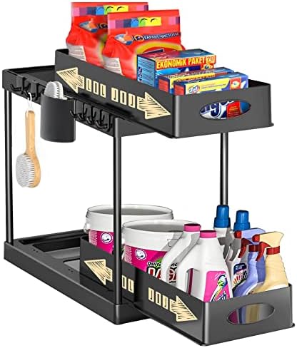 Underneath Sink Organizers and Storage with 2 Sliding Drawers, Mavivegue Sliding Cupboard Basket Organizer 2 Tier Underneath Toilet Sink Storage Rack with 6 Hooks & 1 Hanging Cup, Storage Shelf for Kitchen