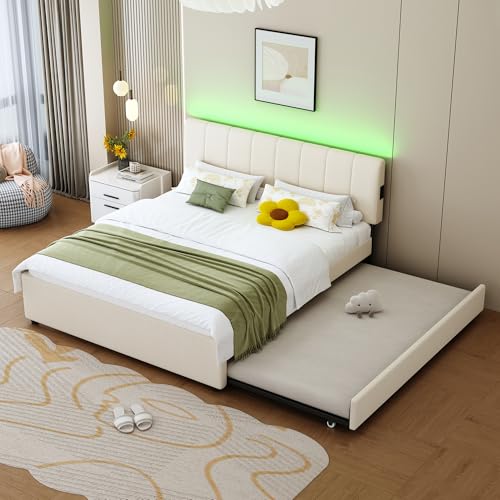 FAVSH Queen Size Upholstered Platform Bed with Pull-Out Trundle Bed
