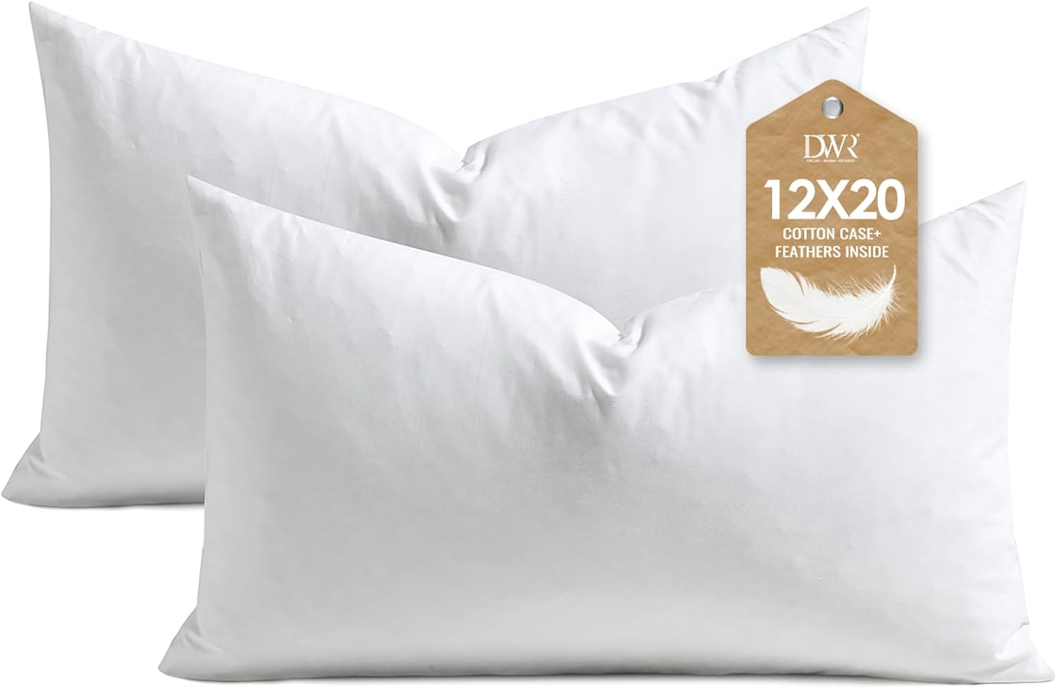 DWR Set of 2 Feather Down Throw Pillow Inserts 12x20 with Organic Cotton Cover, Feather Rectangular White Decorative Pillow Inserts for Bed, Sofa, and Couch