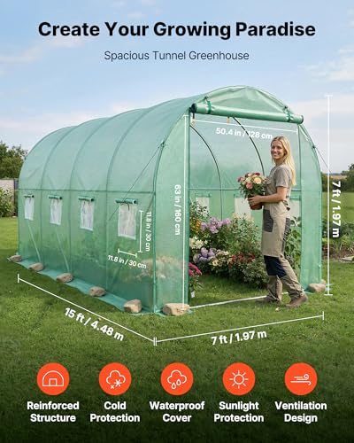 Image of VEVOR Walk-in Tunnel Greenhouse, 15 x 7 x 7 ft Hoop House Greenhouse Tunnel with Watering System, Plant Hot House with Steel Frame, PE Cover, Roll-Up Zipper Door and 8 Windows for Outdoors, Green