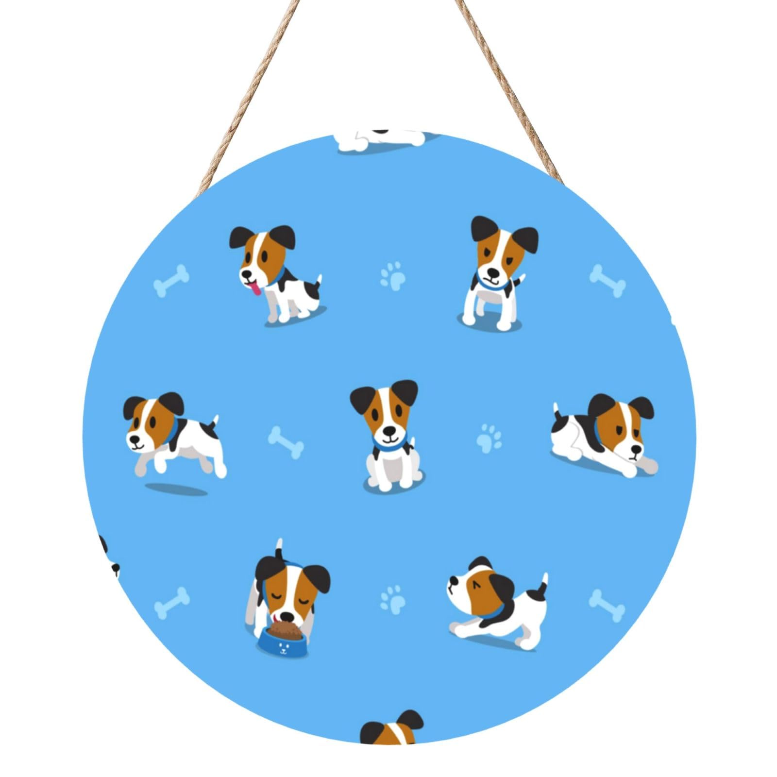 InOmak Cute Jack Russell Terrier Dogs With Bones Pattern, Round Wood Panel Painting 12 in, Wall Hanging Painting For Home