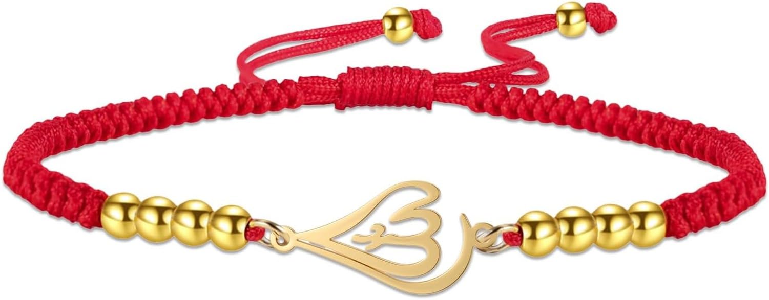 GYFGRTQ Islamic Adjustable String Bracelet for Muslim Women Men Handmade God Allah Charm Notched Arabic Calligraphy Jewelry Eid Ramadan Gift, Gold-Red String