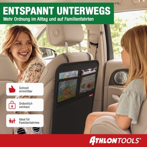 ATHLON TOOLS Rückenlehnen-Schutzmatte beschichtet, Rückenlehnenschutz Auto Kick-Matte, verstärkt - mit Netztaschen - schmutzabweisend, pflegeleicht und wasserabweisend