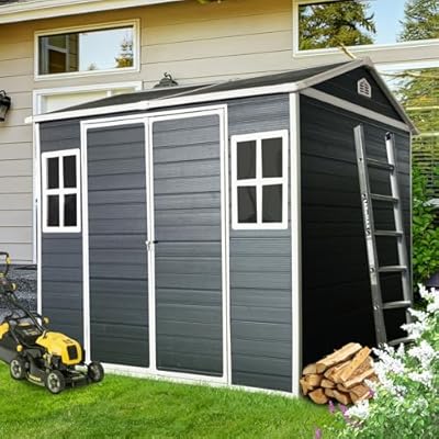 Shaical 8 x 6 FT Outdoor Storage Shed with Two Windows and Floor, Lockable Double Door Resin Sheds with Vents, for Garden Tools, Patio Furniture, Lawn Mower, Yard, Lawn, Black