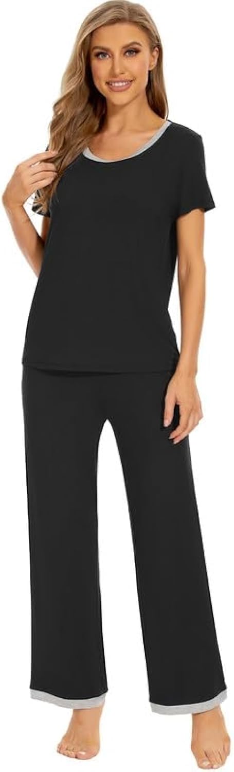 WiWi Womens Short Sleeve Pajama Sets Viscose from Bamboo Sleepwear Ladies Soft Loungewear Set Pjs with Pockets S-XXL