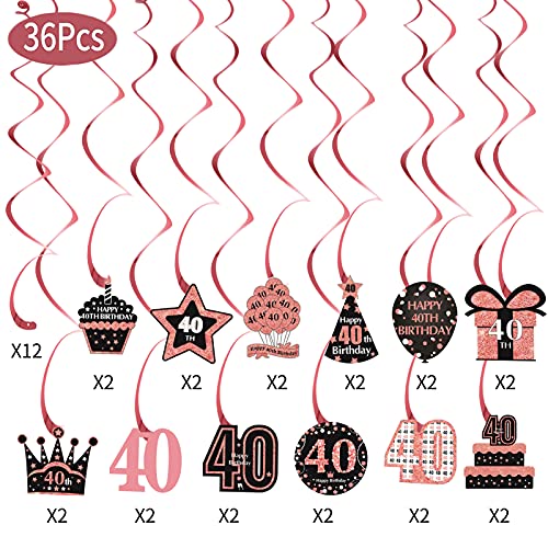 36pcs 40th Birthday Hanging Swirls Decorations for Women - Happy 40 Year Old Birthday Swirls Supplies - Rose Gold Forty Birthday Party Hanging Swirl Decor