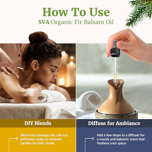 Image of SVA Organic Fir Balsam Essential Oil with Dropper, 4 Fl Oz (118 ml) | Fir Balsam Essential Oil for Diffuser, Room Spray, Home Fragrance, Soap, Candle, Bath Blends & DIY Blending in Glass Bottle
