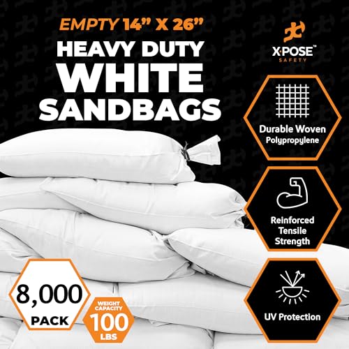 Image of Xpose Safety Heavy Duty Sand Bags with Tie Strings - Empty Woven Polypropylene Sandbags for Hurricane Flood Protection, 100 lb Capacity, 14 inch x 26 inch, White, Bulk Full Pallet Pack of 8000