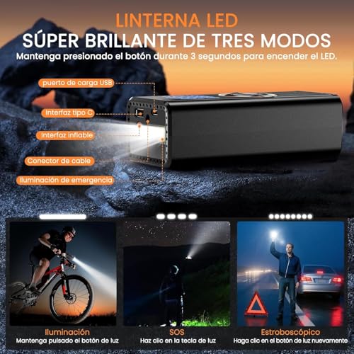 Compresor Aire Portátil 8000mAh, 150PSI Inflador Ruedas Coche, Inflador Eléctrico con Doble Alimentación Recargable, Pantalla Digital y Luz LED, Apagado Automático, para Coche, Moto, Bicicleta, Pelota - imagen 6