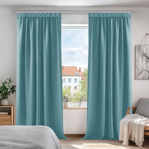 Deconovo Cortinas Opacas para Dormitorio Salon para Ganchos o Pase por la Barra, Cortinas Térmicas Aislantes Frio y Calor 2 Piezas, 132x242 cm, Azul Celeste