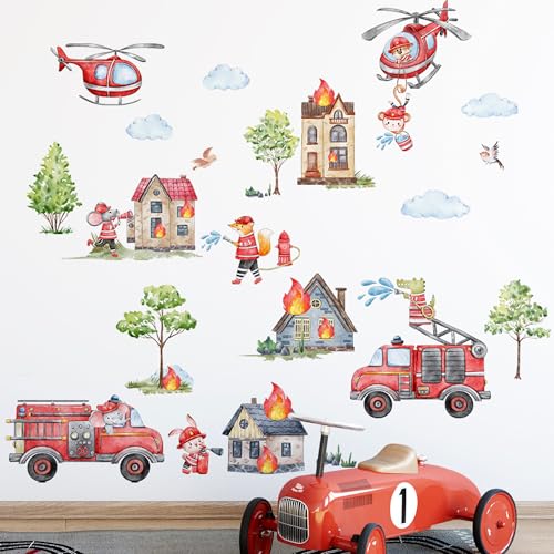 duoyif Stickers Muraux Camion De Pompier Autocollants Muraux Mural Stickers Animal Pompier Hélicoptère Thème Feu Pour Chambre Enfants Bébé Pépinière...
