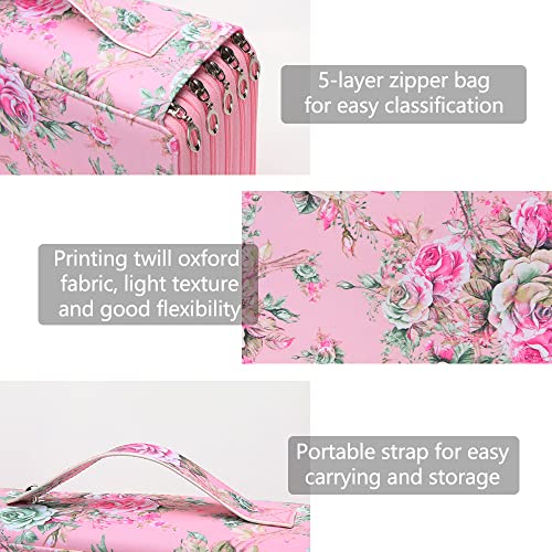 Image of Vomgomfom 252 Slots Pencil Case 5-Layer PU Leather, Handle, Pink Flower