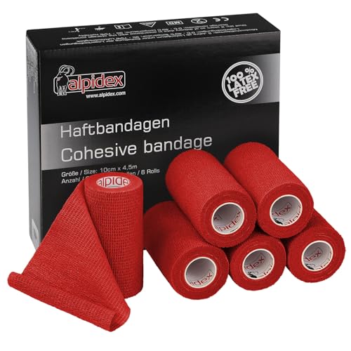 ALPIDEX 6 Rollos Venda Adhesiva 10 cm x 4,5 m Venda Cohesiva Envoltura Tape Deportiva Bendaje Autoadhesiva Mano Rodillas Tobillo Vet Wrap Perro Gato Caballo, Color:rojo