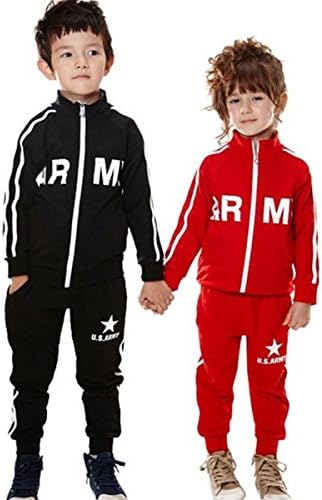 Amazon 子供服 女の子 男の子 セットアップ Army 2本ライン上下セット 海外ブランド 140 レッド トレーナー パーカー 通販