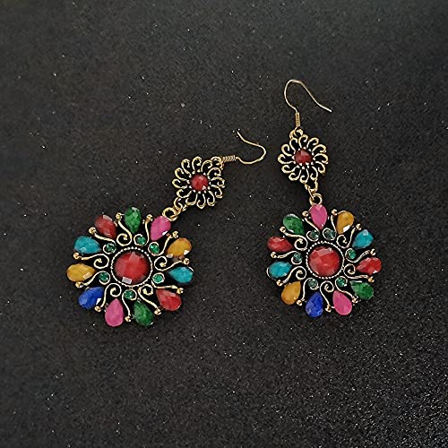Xforlong Vintage Style Bohemian Multicolor Dainty Created Gemstones Dangle Drop National Boho Round Shape Earrings For Women&Girls Large #TOP2