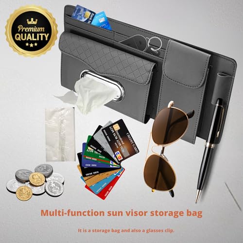 Image of DETACHI Car Sun Visor Organizer with Tissue Paper, Sunglass Pen Card Small Document Storage Pouch & Phone Holder, Leatherette, Multi-Pocket with Zipper Net-(Grey, 18X3X37CM)